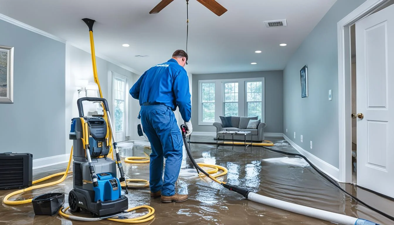 A restoration technician using professional extraction and drying equipment to clear standing water from a flooded residential room in San Antonio, TX, managed by JD Local Builders.
